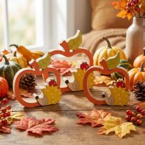Article Figurine décorative automne, pomme avec hérisson, décoration en bois 16,5×15cm 3pcs