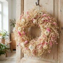 Article Couronne décorative, couronne d'avoine, couronne naturelle, fleurs de paille, rose, Ø29cm