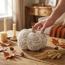 Article Décoration citrouille en tissu, dentelle de jute, style vintage blanc/beige, Ø18cm
