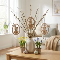 Article Pendentif décoratif en bois décoration de Pâques lapin dans un œuf 9×1,5×23cm 6 pcs