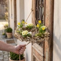 Article Couronne en bois de bouleau à suspendre avec crochet Ø35cm - Décoration naturelle pour le printemps, macramé, fleurs et herbes