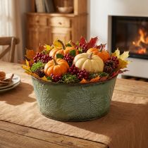 Article Jardinière avec feuilles d'érable, décoration automne, vase en métal vert Ø25cm H11cm