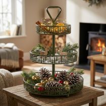 Article Présentoir à étages en métal vert, trois niveaux, décor sapin, rond, 49 cm