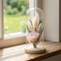 Article Linteau en verre cloche en verre avec socle bois clair Ø14cm H28,5cm