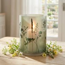 Article Lanterne grande déco en verre blanc vert motif prairie H24cm