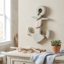 Article Ancre Déco Bois Déco Maritime Blanc Bleu 42cmx25cmx3.5cm