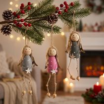Article Lot de 6 anges en bois suspendus, gris et rose, 7,5 cm