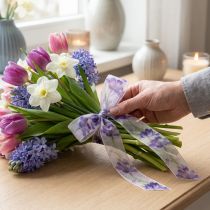 Article Ruban d'organza, ruban de mousseline, tulipes perroquet, violet, 40 mm, 18 m