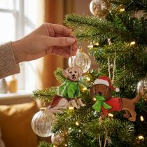 Article Décoration de Noël en forme de chien, ornement à suspendre, chien avec écharpe et chapeau, 12 cm, lot de 2