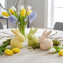 Article Lapin décoratif, jaune, vert, marron, figurine en céramique moderne pour Pâques, 8,5 cm, lot de 3