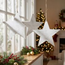 Article Ensemble de 3 étoiles décoratives en bois à suspendre, 30 cm, blanc naturel