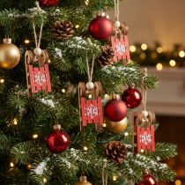Article Lot de 12 mini luges décoratives en bois à suspendre - Rouge et naturel
