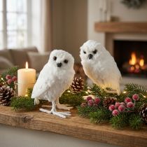 Article Chouette décorative blanche en fourrure et plumes, 15,5 cm, lot de 2