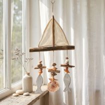Article Carillon à vent voilier décoration poisson bois blanc naturel H56cm