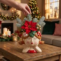 Article Tête de plante en céramique fille jardinière décorative Noël H17cm