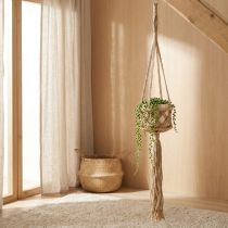 Article Suspension en macramé style bohème beige et marron Ø12cm H79cm
