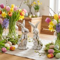 Article Lapin de Pâques décoratif en céramique Lapin décoratif assis Argent 18 cm 2 pièces