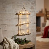 Article Décoration murale de Noël avec guirlande lumineuse micro LED, petits flocons de neige en bois et branches enneigées H150cm