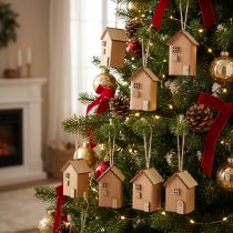 Article Décorations mini maisons en bois et papier brun rouge naturel - Lot de 9