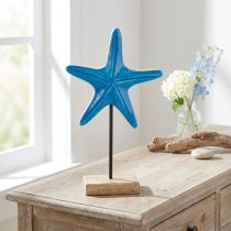 Article Décoration étoile de mer sur socle bois bleu naturel maritime H25cm