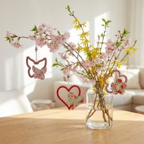 Article Pendentif printemps, fleur coeur papillon, décoration en bois avec motif floral H8,5/9/7,5cm 6 pcs