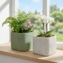Article Jardinière en céramique maille relief vert blanc 17x17cm H15cm 2pcs