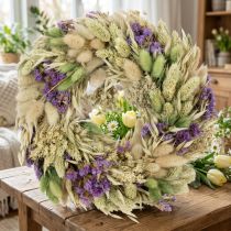 Article Couronne de fleurs séchées pour le printemps et l'été, pour la table et la porte d'entrée, pour les occasions spéciales avec des touches de couleur, 26 cm