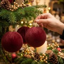 Article Boule de Noël, aspect velours rouge, à suspendre, 15 cm, lot de 3