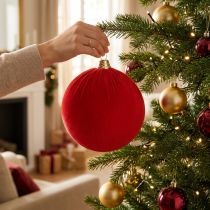 Article Boule de Noël aspect velours rouge, grande boule de 20 cm pour sapin de Noël, lot de 3