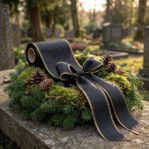 Article Ruban moiré élégant pour couronne, 175 mm, noir avec bordure nacrée et tissage taffetas, ruban décoratif pour compositions florales funéraires, ruban pour nœud, 25 m