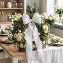 Article Ruban moiré élégant pour couronne, blanc 200 mm avec bordure nacrée dorée et finition spéciale, 25 m - Parfait pour les décorations et les fêtes