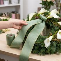 Article Ruban moiré vert sauge à bordure dorée, 150 mm x 25 m, ruban décoratif pour la confection de couronnes et d'œuvres florales