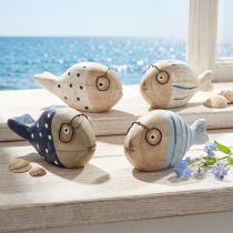 Article Poisson décoratif avec verres bois naturel blanc bleu 11–13cm 4 pcs