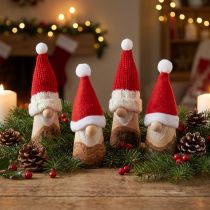 Article Nain de Noël décoratif en bois avec chapeau rouge naturel 10/12cm 4pcs