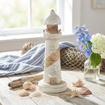 Article Phare en bois, décoration maritime, blanc naturel, Ø 10,5 cm, H 28,5 cm