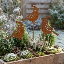 Article Oiseau sur piquet de jardin avec décoration patinée chapeau 12cm 6 pcs