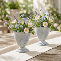 Article Mini gobelet, vase, calice, métal blanc et bleu, décoration vintage, 11,5 cm, lot de 2
