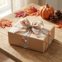 Article Ruban cadeau automne avec renard et champignons lin gris 40mm 15m