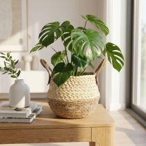 Article Panier en jonc de mer bicolore avec poignées - Panier de rangement et de plantation - Naturel et marron Ø25 cm H24 cm