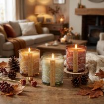 Article Bougies parfumées en verre couvercle bois de santal H8,5cm 3 pcs