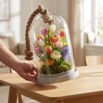 Article Cloche en verre avec plaque aspect béton et corde Ø17cm H28cm