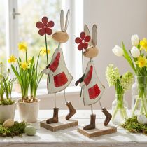 Article Décoration de Pâques, lapin en métal, décoration printanière, lapin de Pâques avec fleur rouge, beige H21cm 2pcs