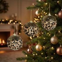 Article Boule de Noël à motif léopard avec paillettes dorées, 7 cm, lot de 3
