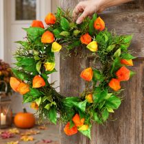 Article Couronne de physalis artificielle, orange et verte, Ø 28 cm, décoration d'automne