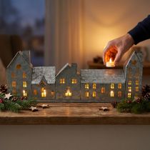 Article Rangée de maisons, décoration lumineuse en métal, décoration de l'Avent, lanterne argentée L52cm H20cm