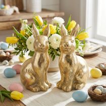 Article Lapin décoratif doré assis, lapin à décorer, paire de lapins de Pâques, H16,5cm 2pcs