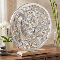 Article Bague décorative métal socle bois argent lotus décoration koi Ø32cm
