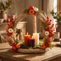 Article Couronne décorative en paille naturelle, Ø50cm, couronne artisanale en paille naturelle, décoration de table et à suspendre à faire soi-même, 55cm