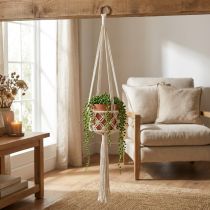 Article Décoration murale suspendue en macramé style bohème Ø12cm H79cm Crème - Pot de fleurs suspendu