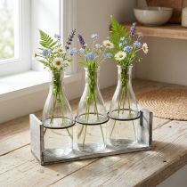 Article Ensemble de bouteilles rustiques dans un support en bois - 3 bouteilles en verre, gris-blanc, 24x8x20 cm - Polyvalent pour la décoration